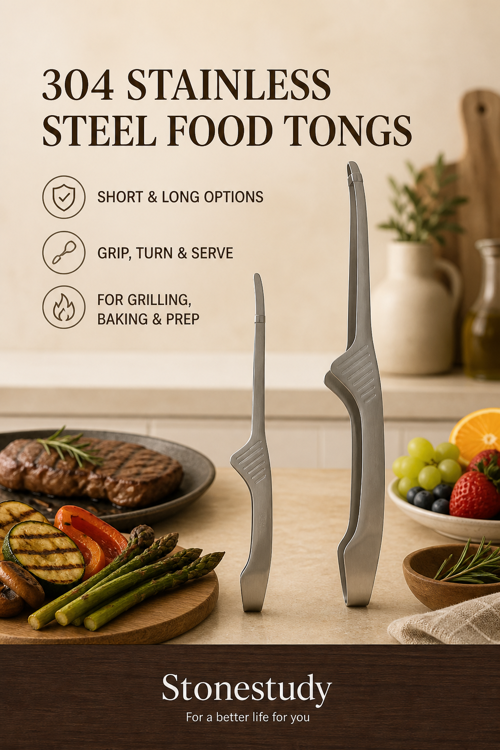304 stainless steel short and long food tongs in a warm kitchen scene