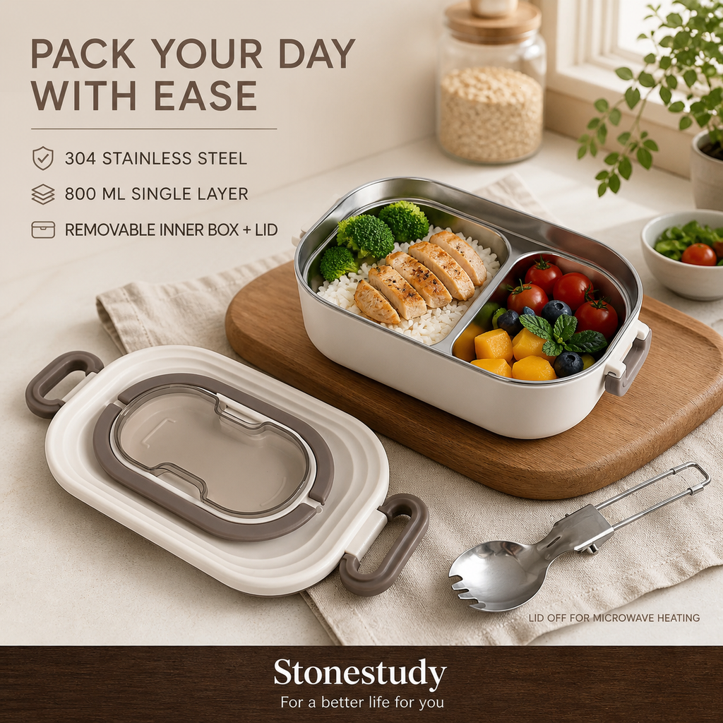 304 stainless steel single-layer lunch box in a warm kitchen scene