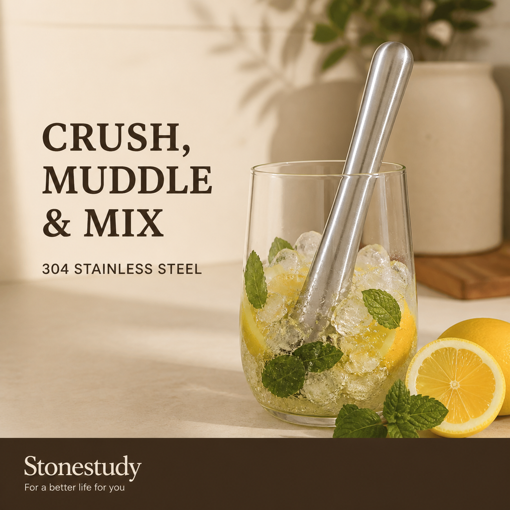 304 stainless steel cocktail muddler in a warm kitchen scene