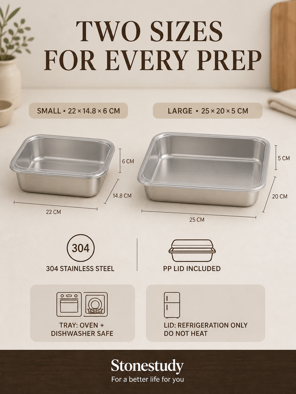 304 stainless steel prep tray size and care specifications