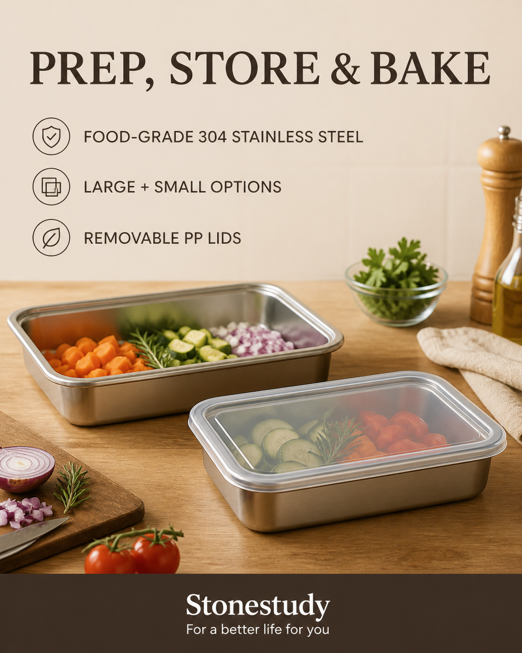 304 stainless steel food prep trays with PP lids in a warm kitchen scene