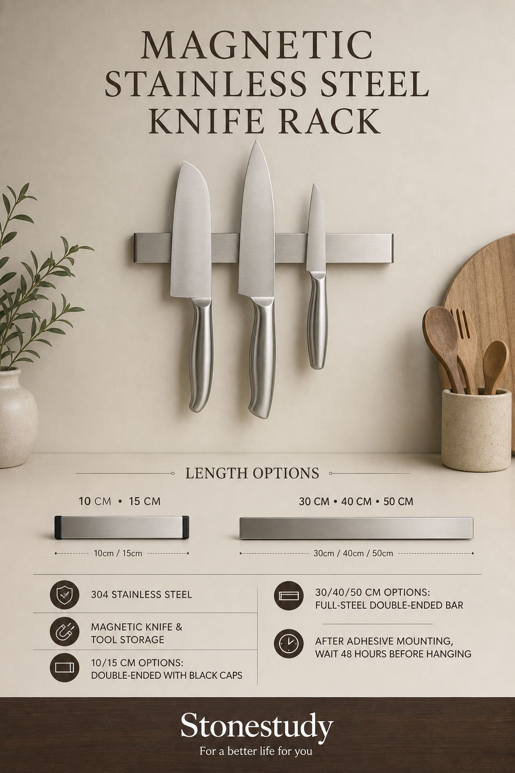 304 stainless steel magnetic knife rack size options and mounting guidance