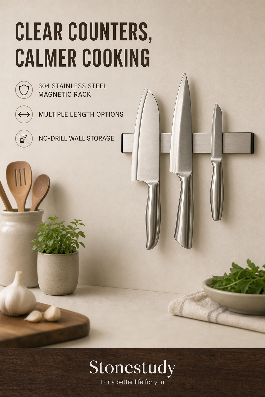 304 stainless steel magnetic kitchen knife rack in a warm kitchen scene