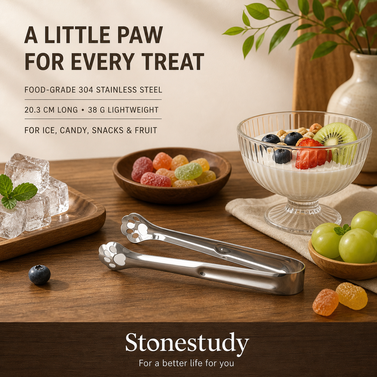 304 stainless steel paw-shaped snack tongs in a warm kitchen scene