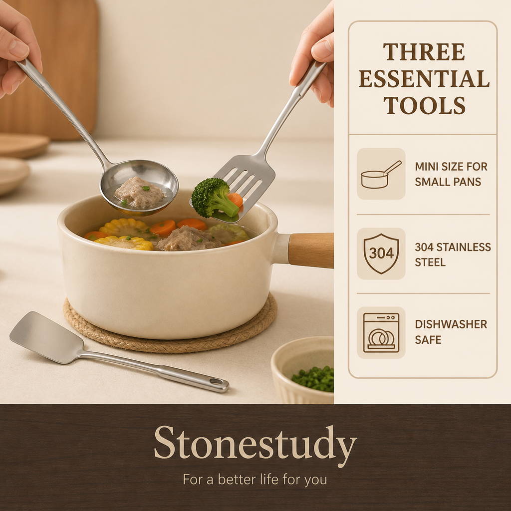 Mini spatula, turner and ladle features