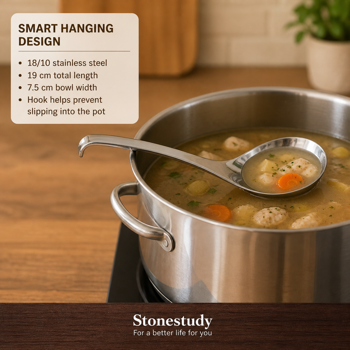 Hanging soup ladle resting on a soup pot