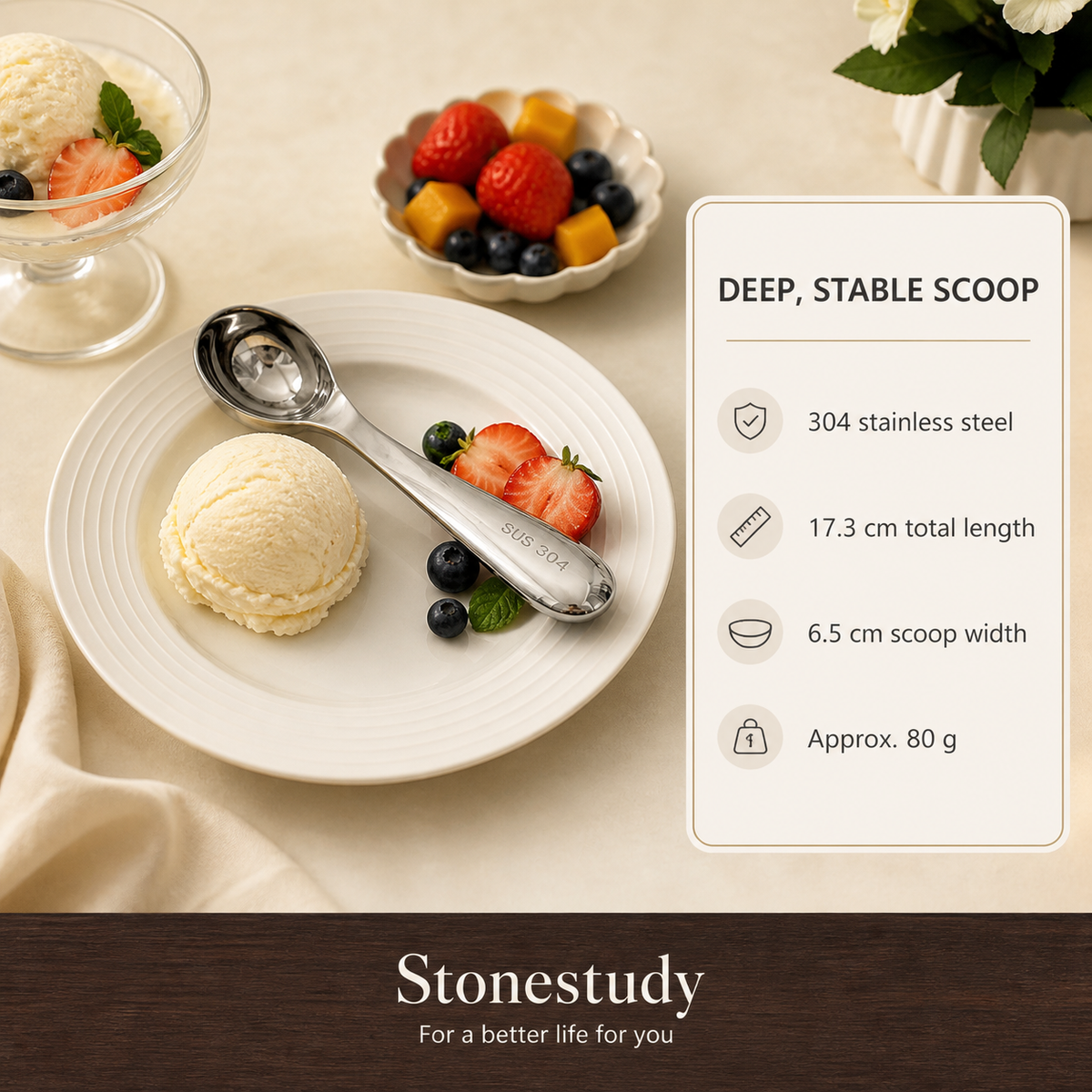 Ice cream scoop size and material specifications