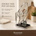 Double-tier stainless pot lid rack with utensils