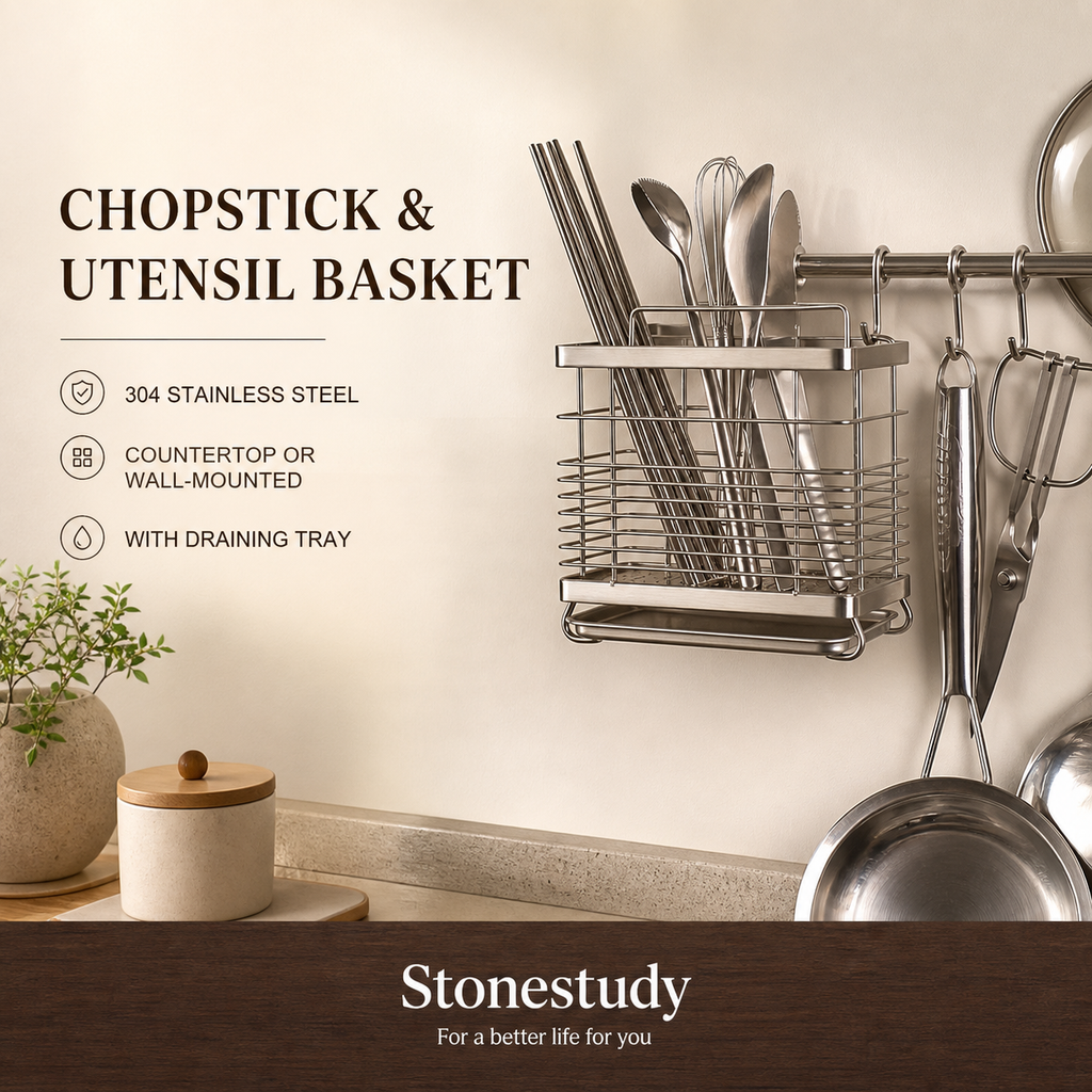Hanging 304 stainless-steel chopstick and utensil basket