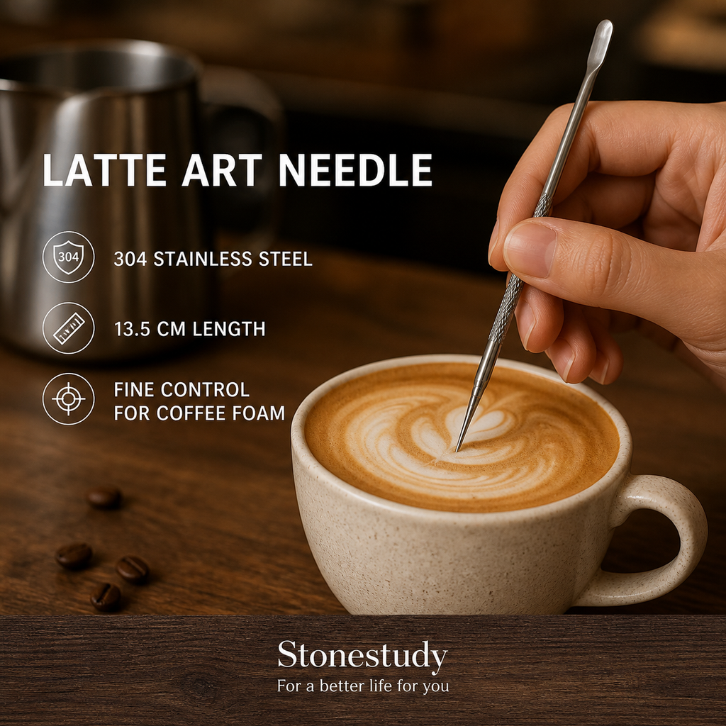 304 stainless-steel latte art needle in a coffee scene