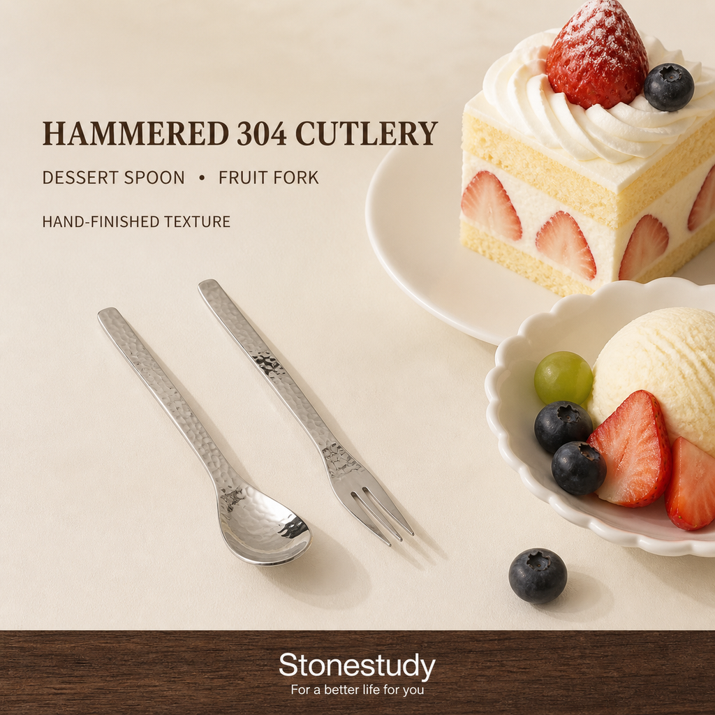 Hammered 304 stainless dessert spoon and fork