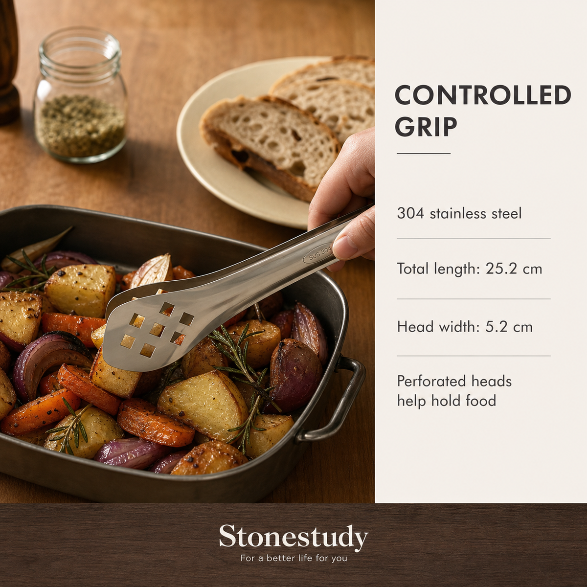 Food tong dimensions and perforated head details
