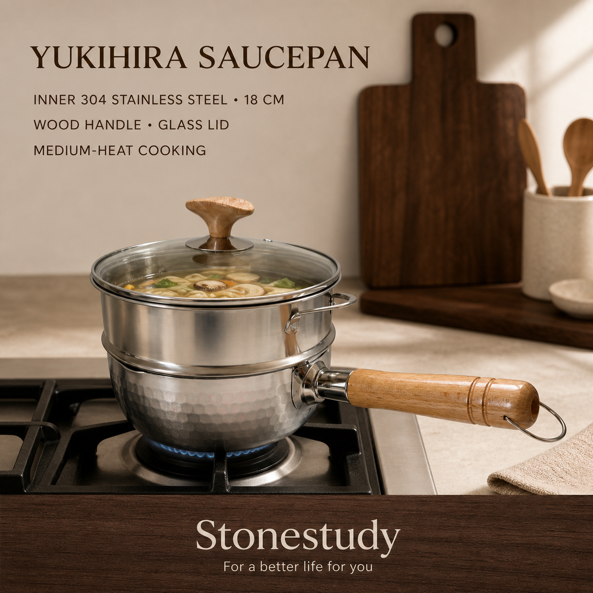 304 stainless steel yukihira saucepan with wood handle