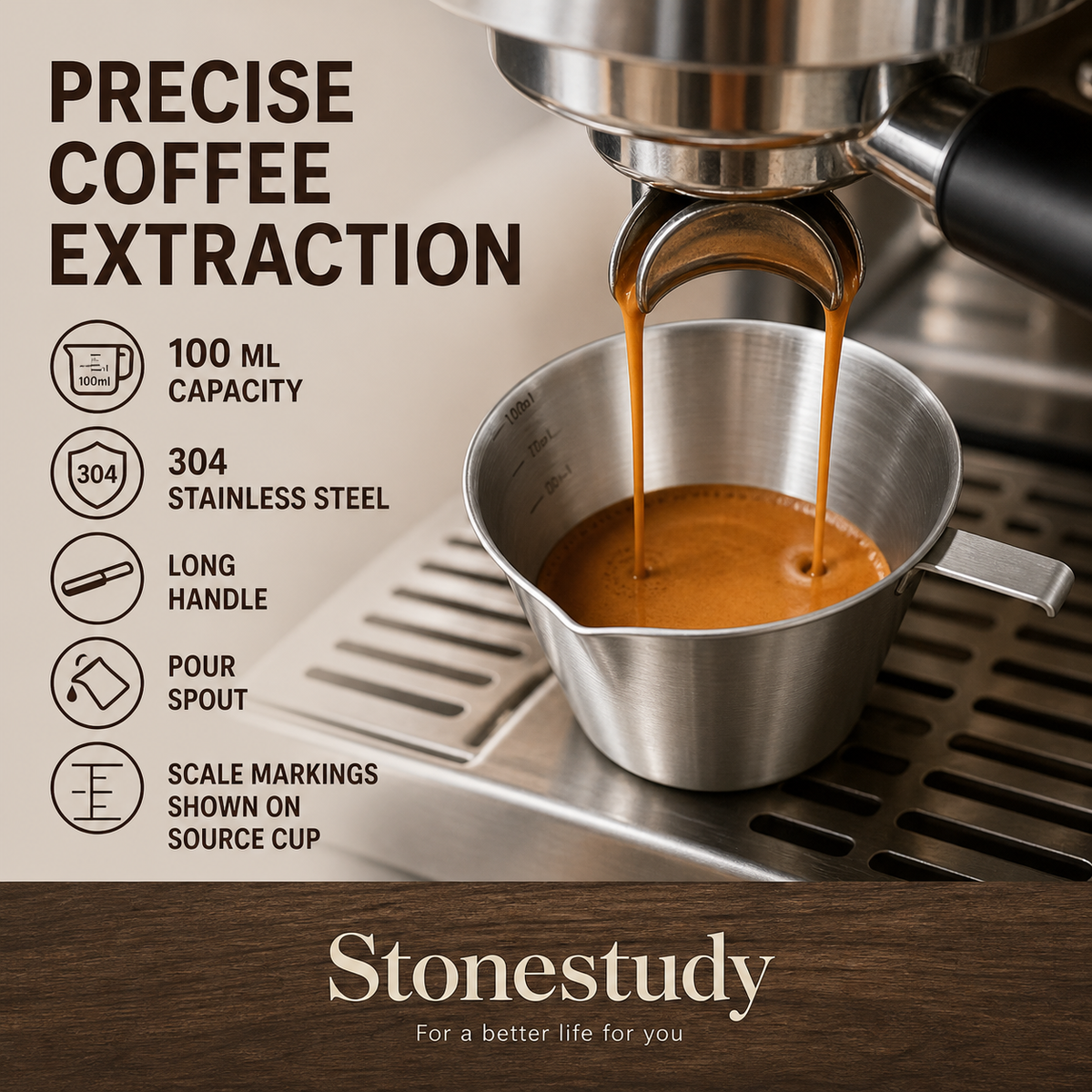 espresso extraction measuring cup with spout and scale markings