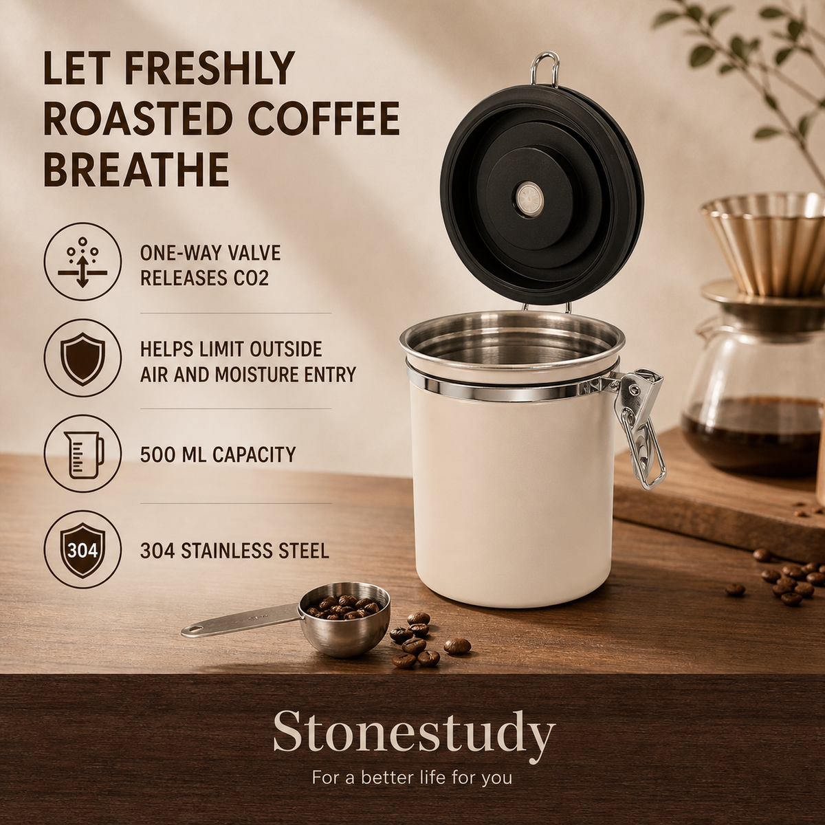 coffee canister CO2 valve and 500 ml details