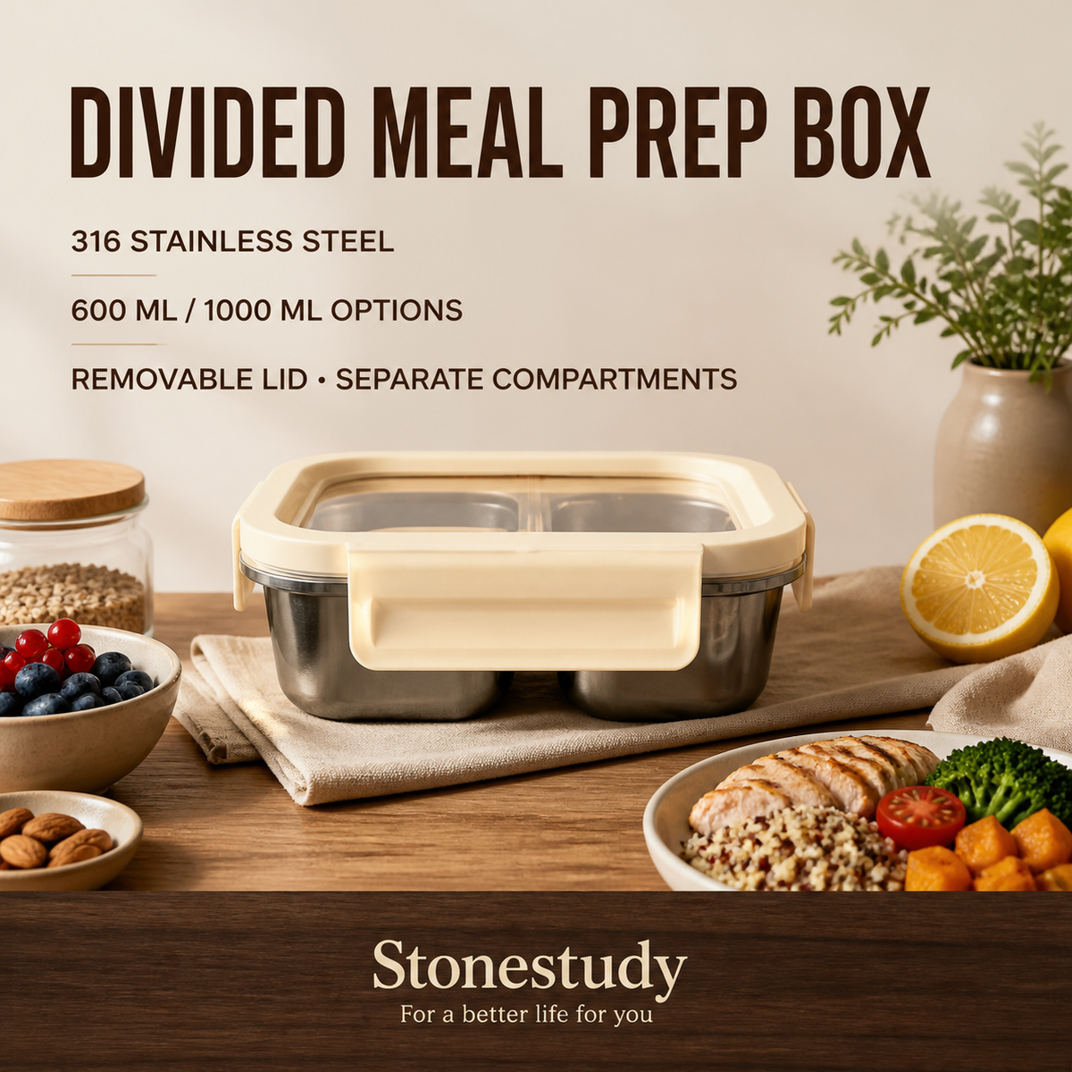 316 stainless steel divided meal prep box