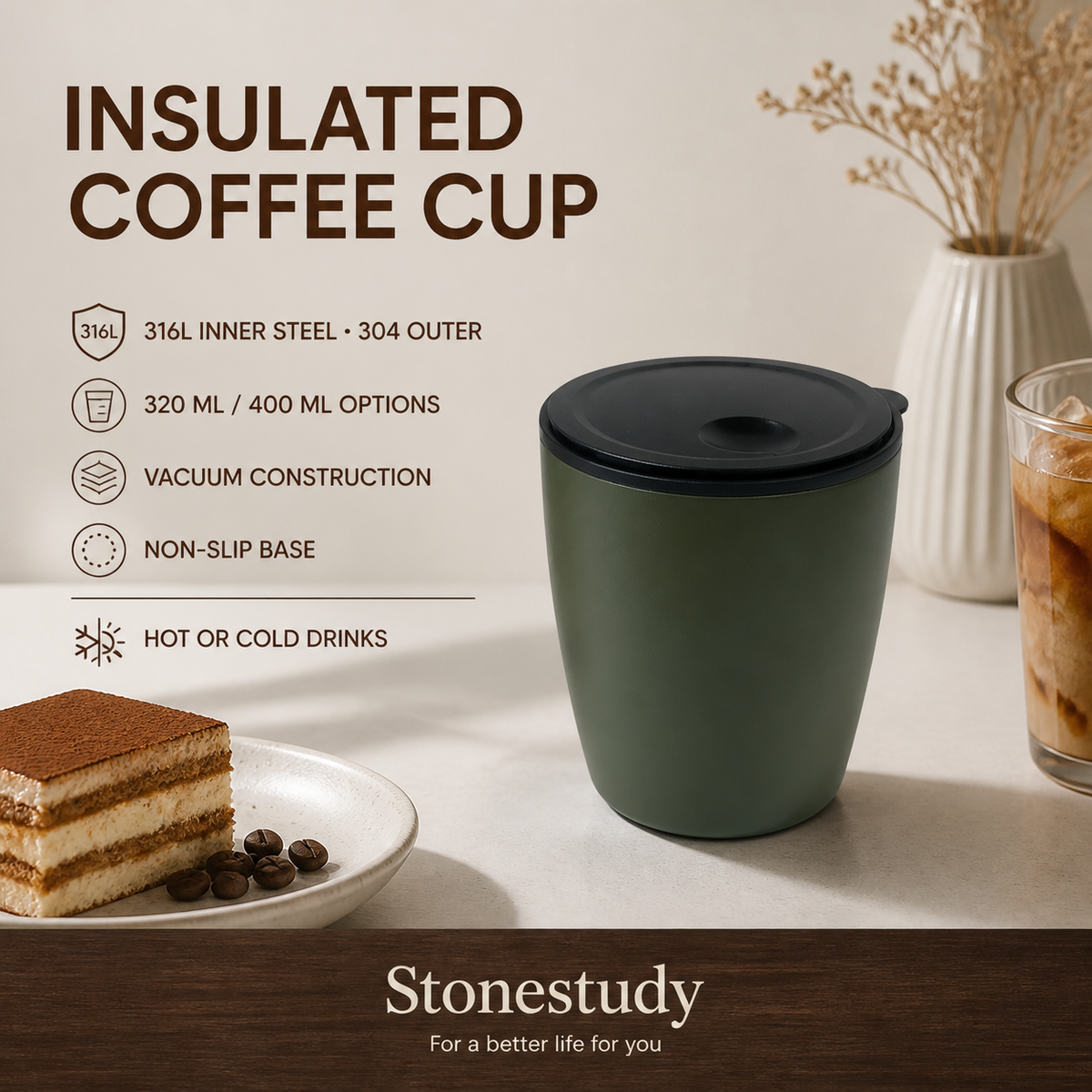 olive green 316L insulated coffee cup