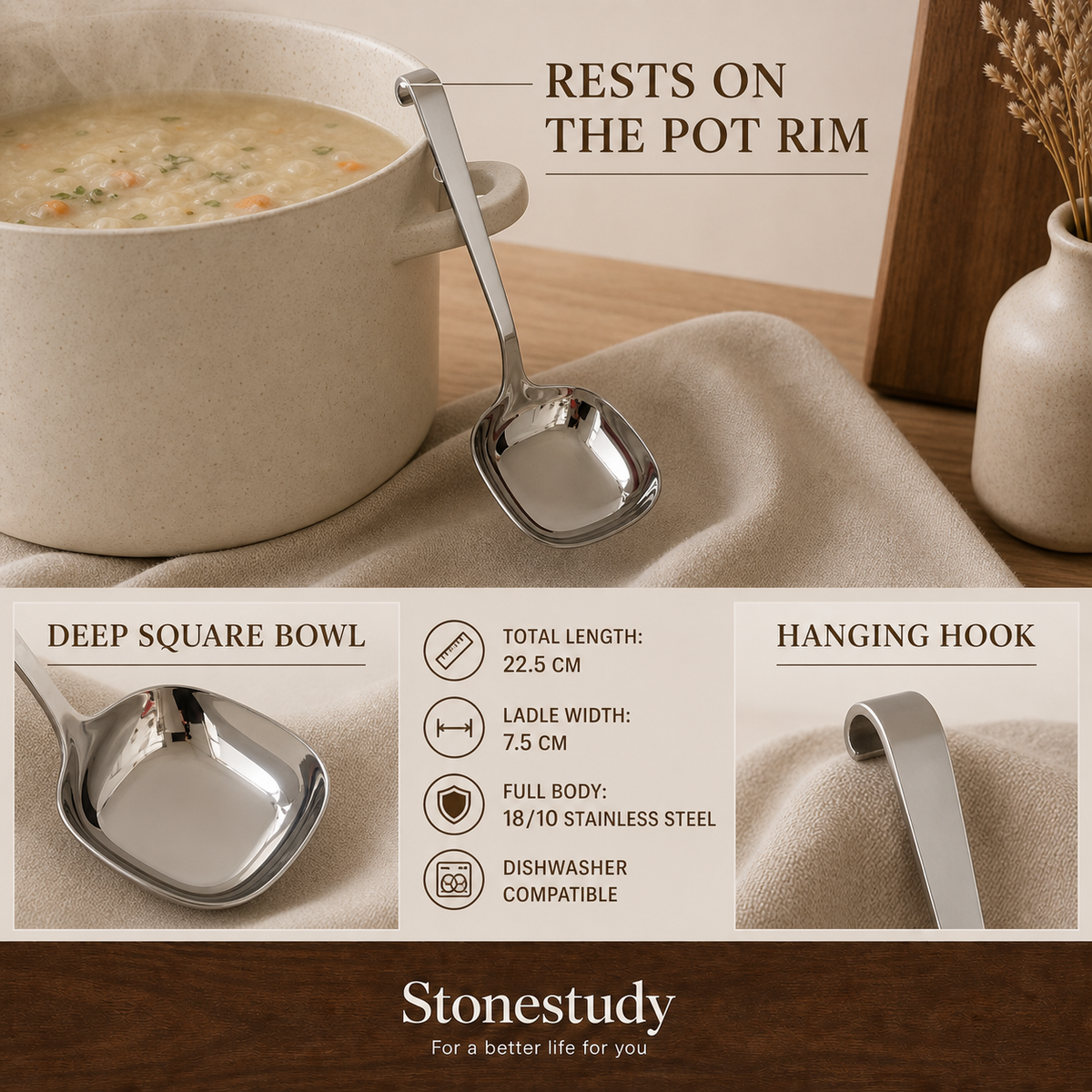 Soup ladle dimensions and pot rim hook