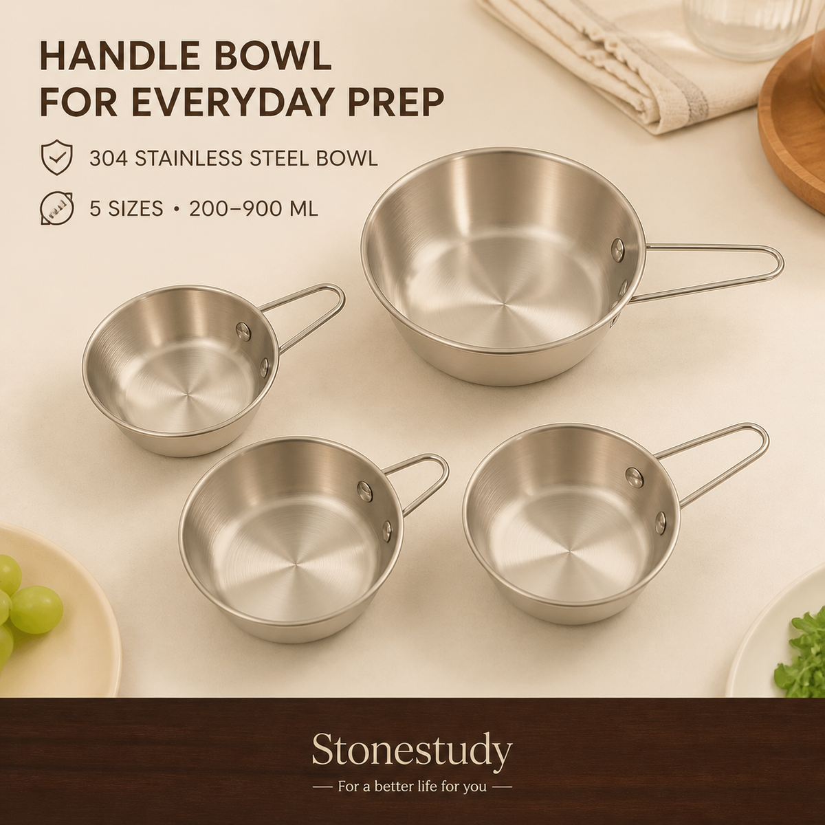 Handled Stainless Steel Serving Bowl — main product image