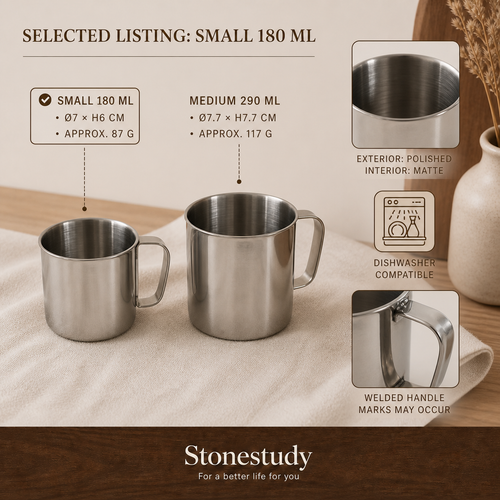 18/10 stainless steel handled cup size and finish details