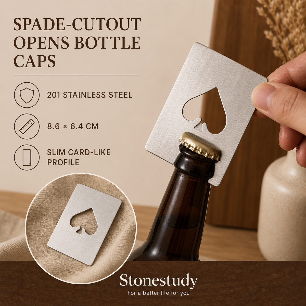 Spade-shaped stainless steel bottle opener details