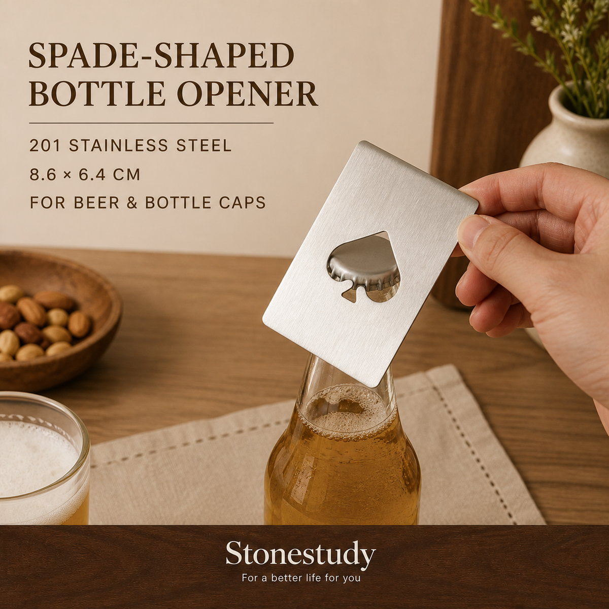 Spade-shaped stainless steel bottle opener hero