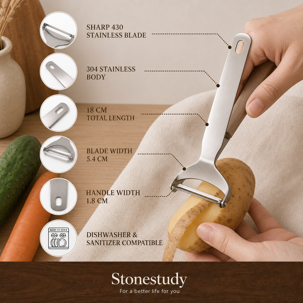 Minimal stainless steel vegetable peeler details