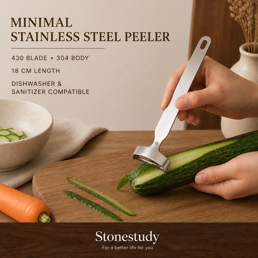 Minimal stainless steel vegetable peeler hero