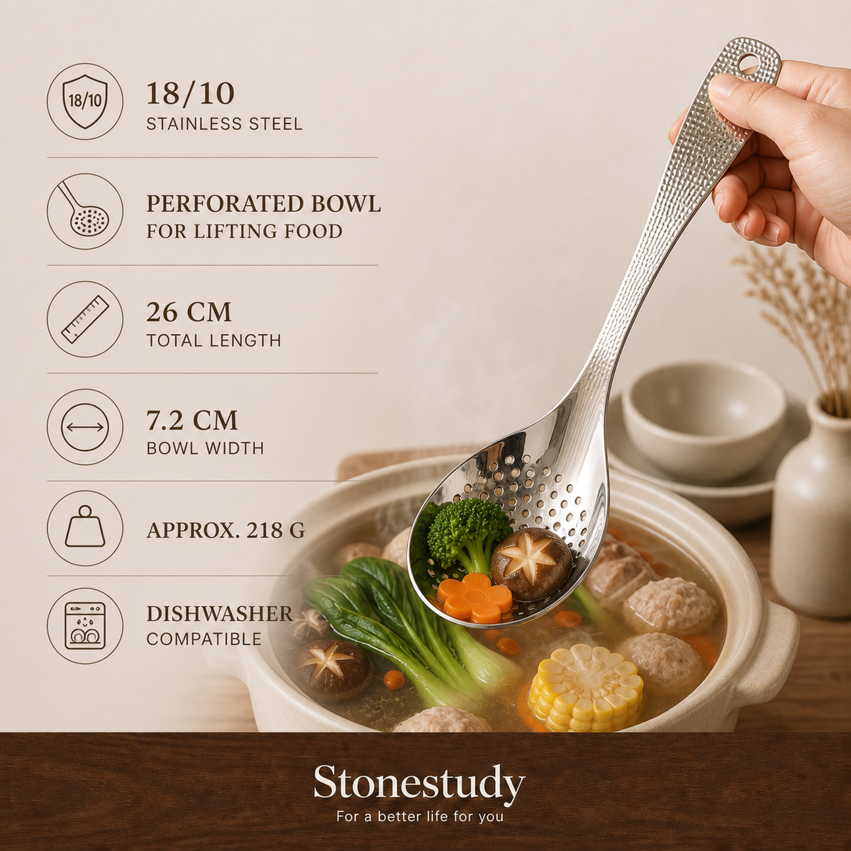 18/10 perforated soup ladle details
