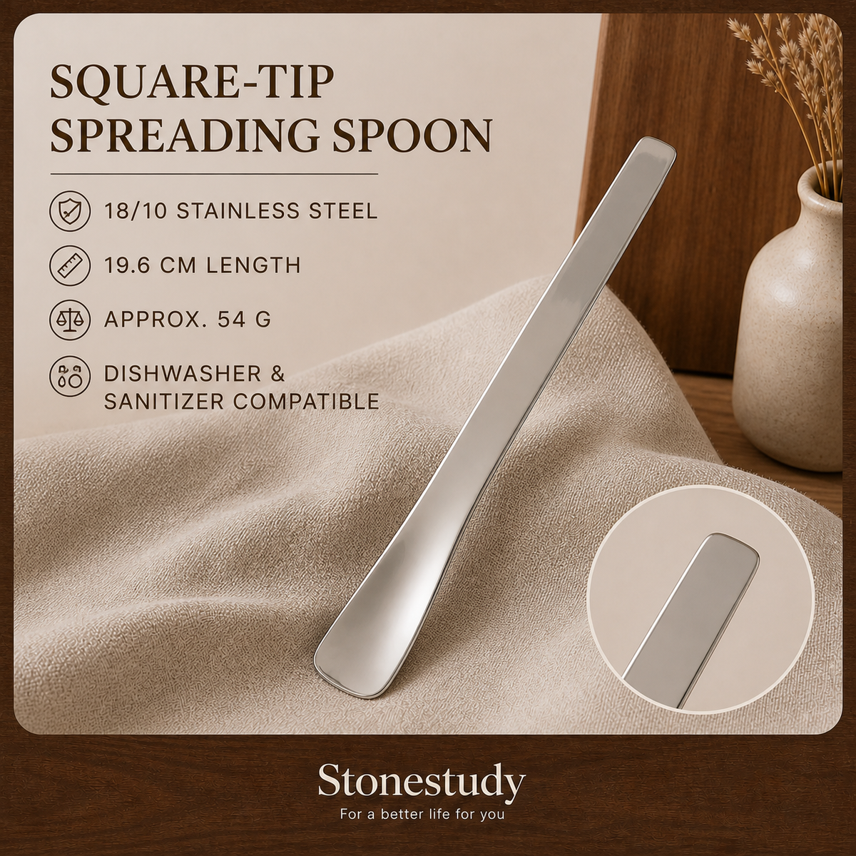 Square-tip spreading spoon specifications and close-up