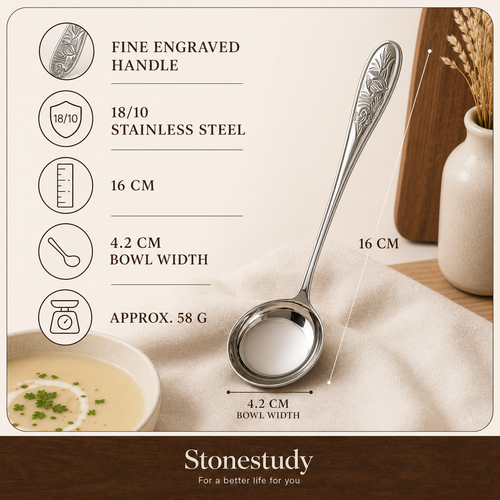 Engraved round spoon specifications and handle detail