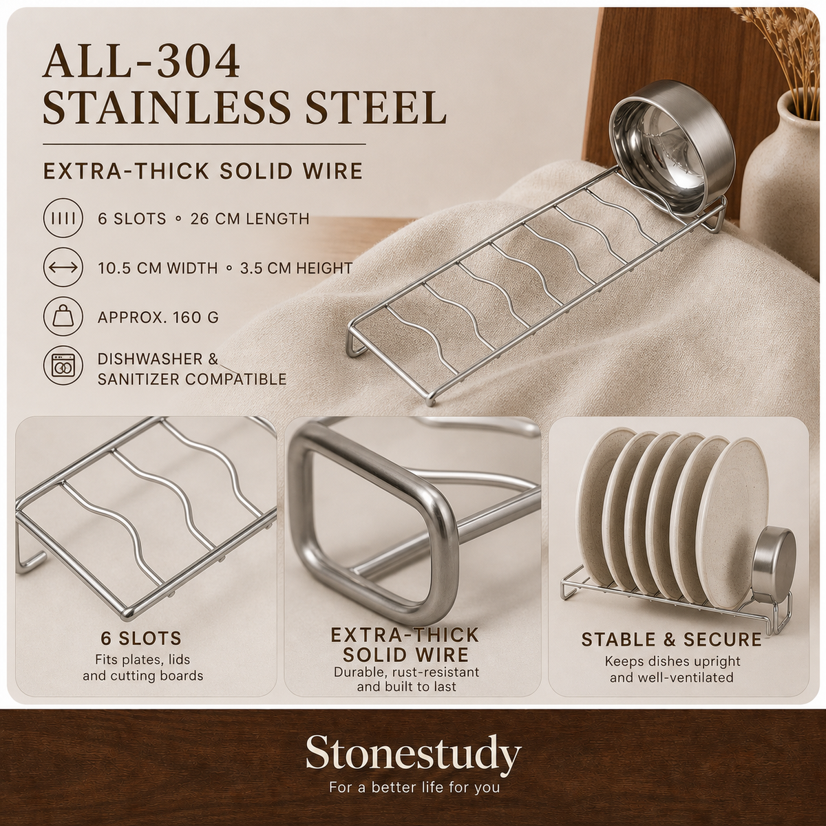 6-slot dish rack dimensions and solid-wire detail