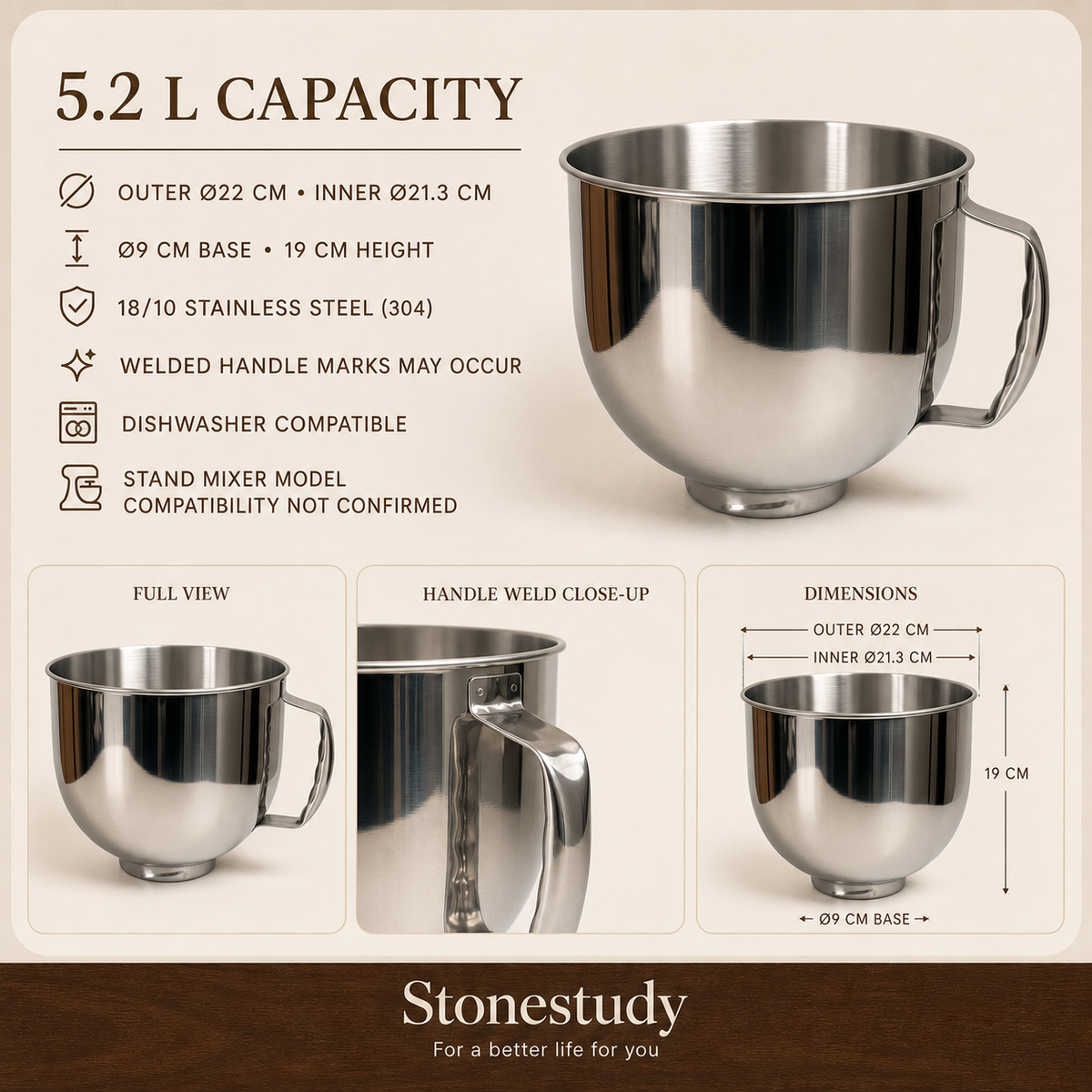 5.2 litre stand mixer bowl dimensions and welded handle detail