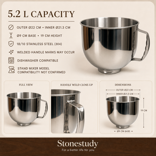 5.2 litre stand mixer bowl dimensions and welded handle detail