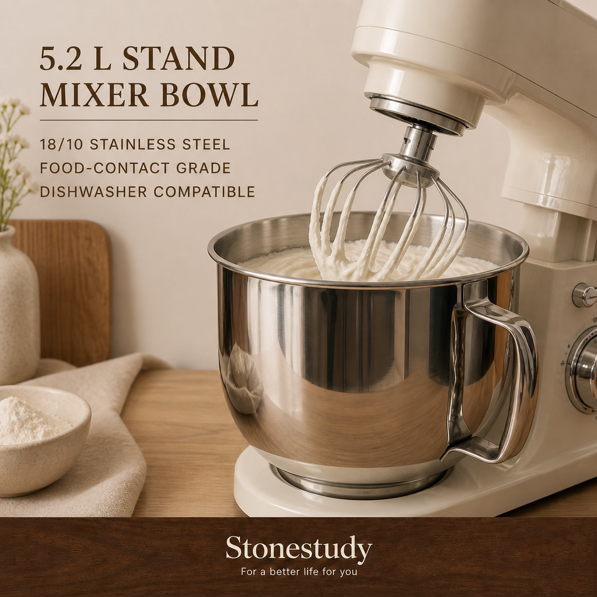 5.2 litre 18/10 stainless steel stand mixer bowl in use
