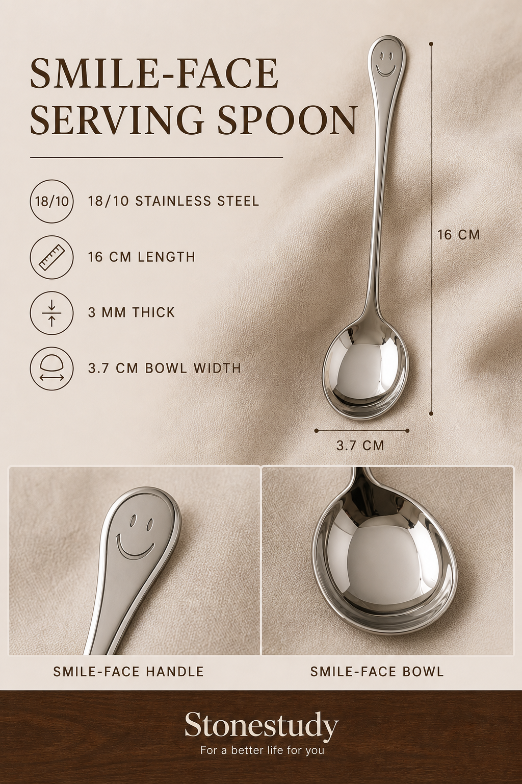 Smile-face spoon dimensions and detail