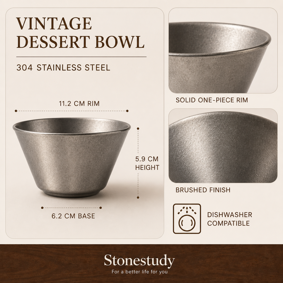 Vintage dessert bowl dimensions and solid rim detail