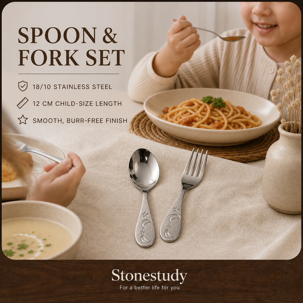 18/10 stainless steel children's spoon and fork set in use