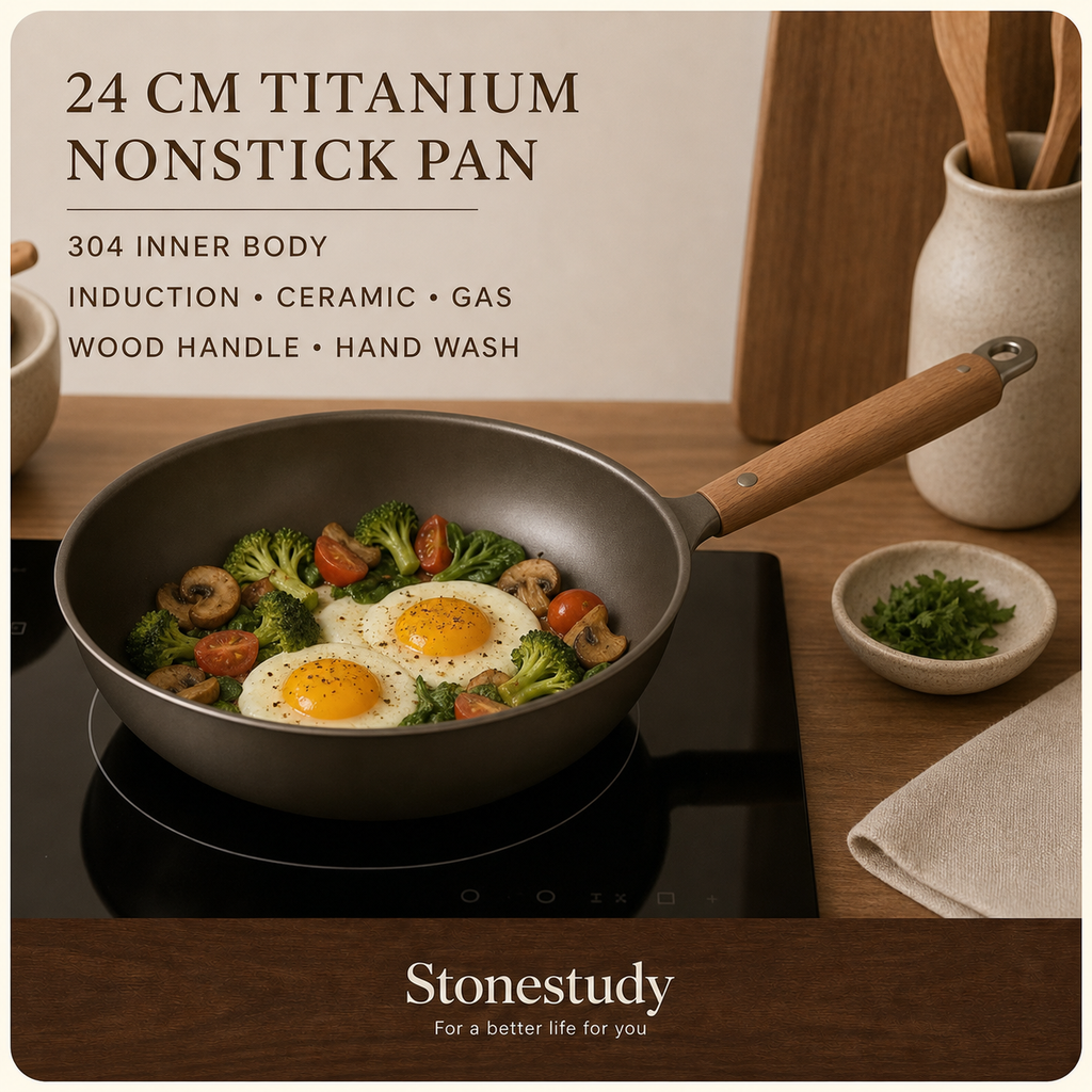 24 cm titanium nonstick frying pan with wood handle on induction cooktop