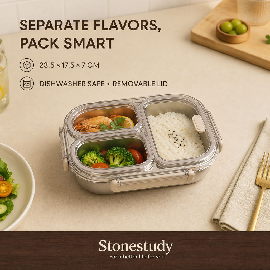 3-Compartment Stainless Steel Lunch Box — product detail image