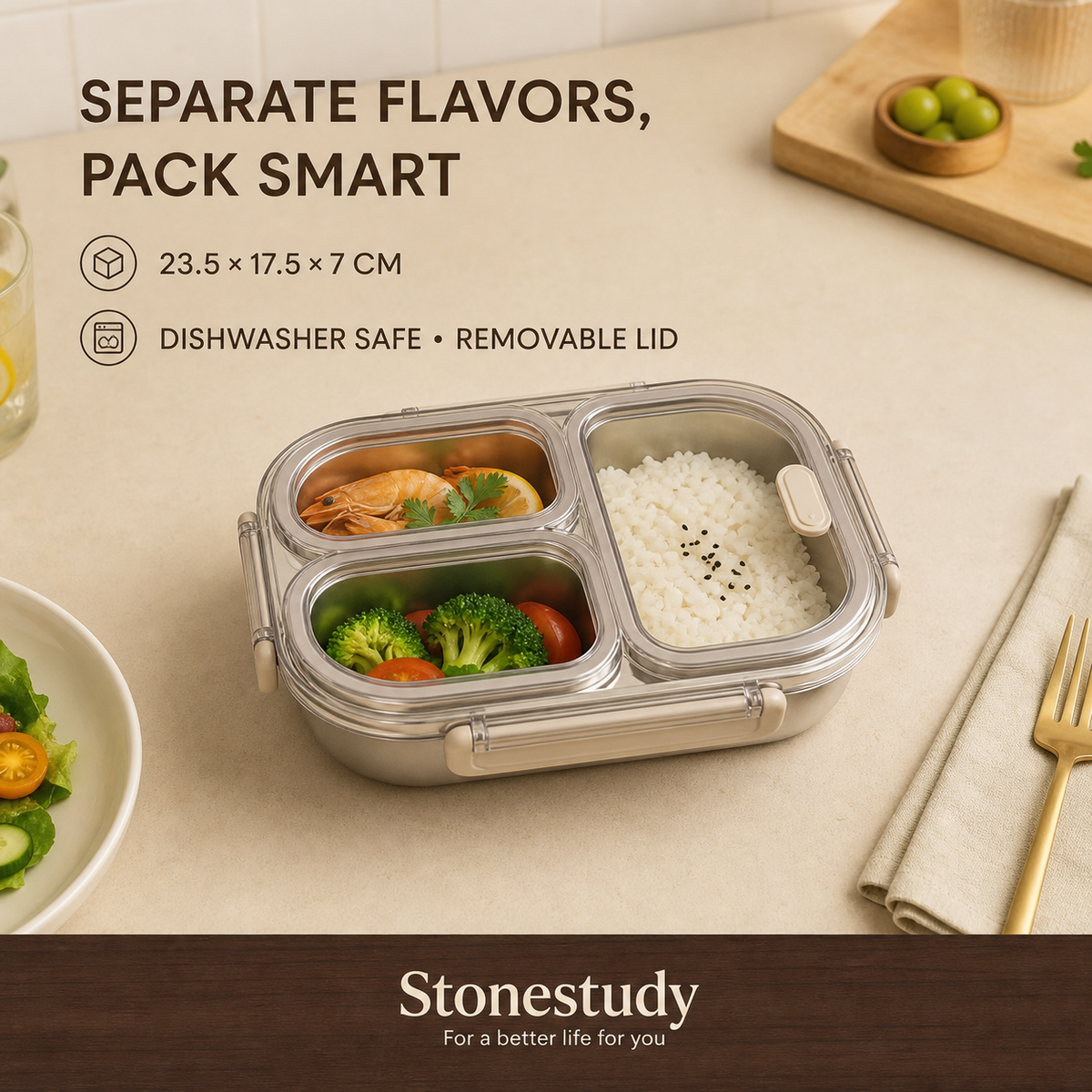 3-Compartment Stainless Steel Lunch Box — product detail image