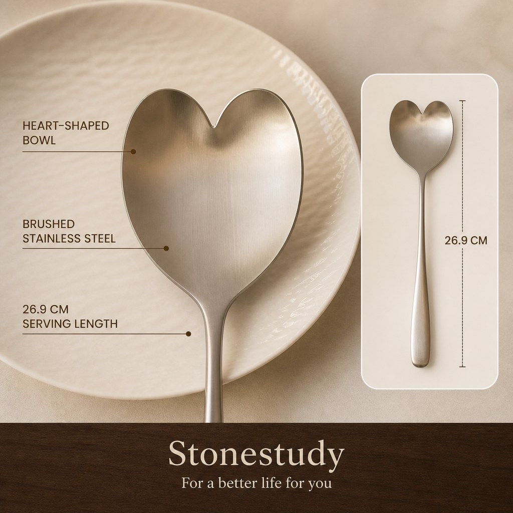 heart-shaped stainless steel serving spoon detail