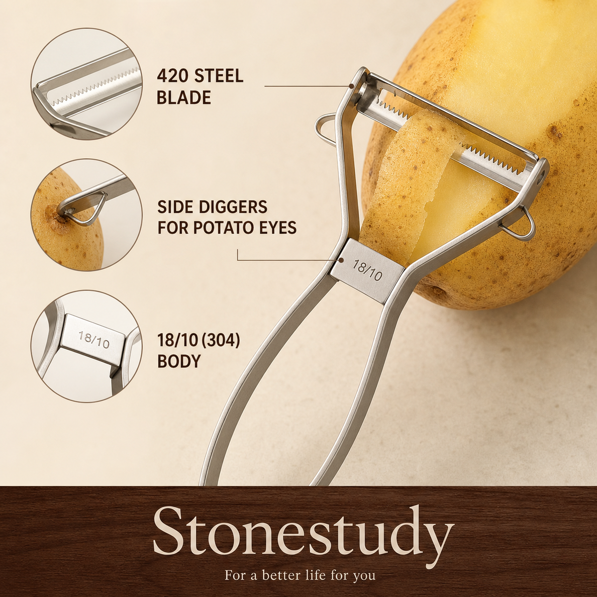 18/10 stainless steel serrated vegetable peeler detail