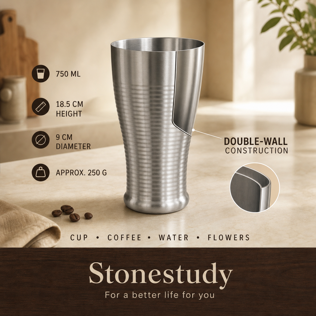 750 ml double-wall 304 stainless steel cup detail