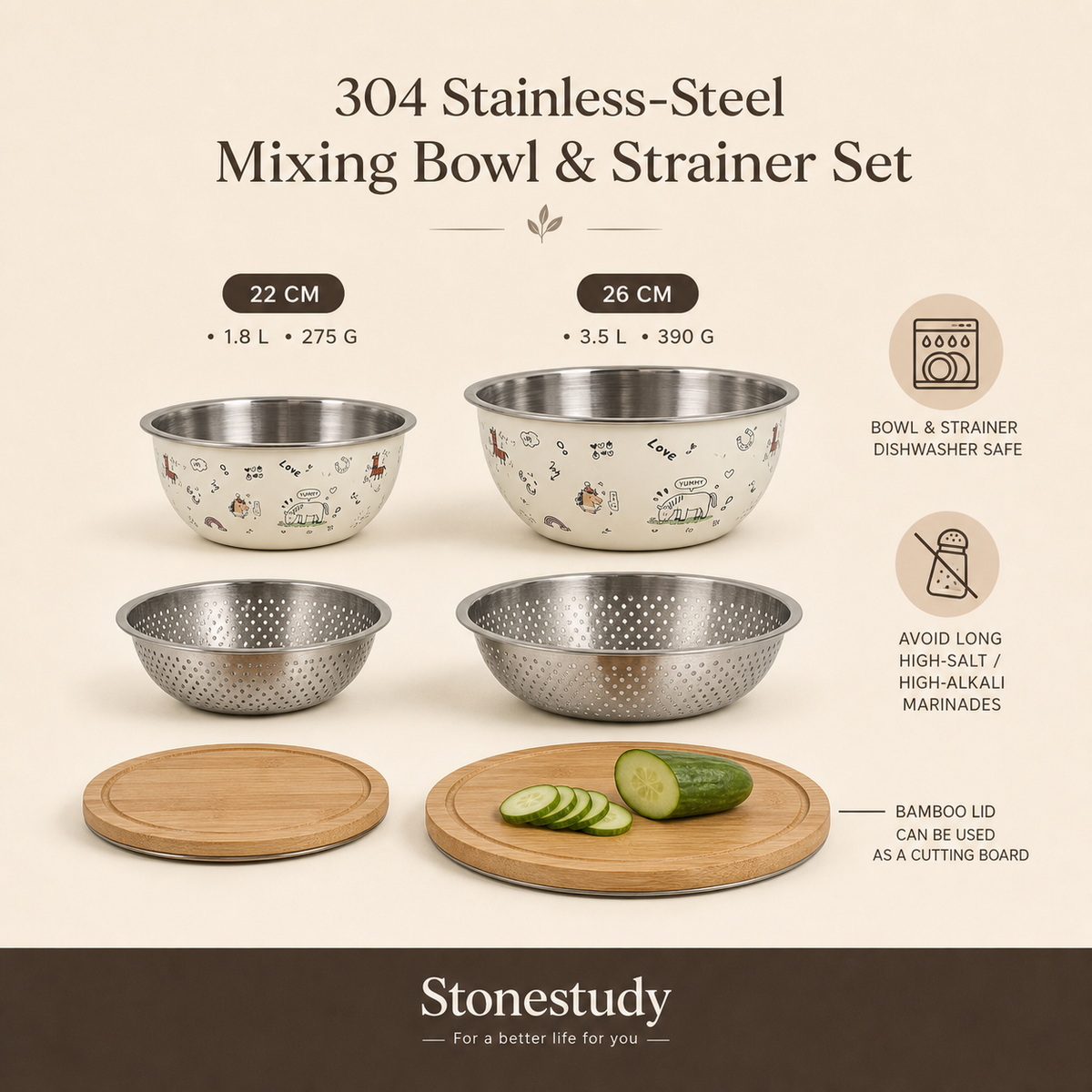 304 stainless steel mixing bowl and strainer set detail