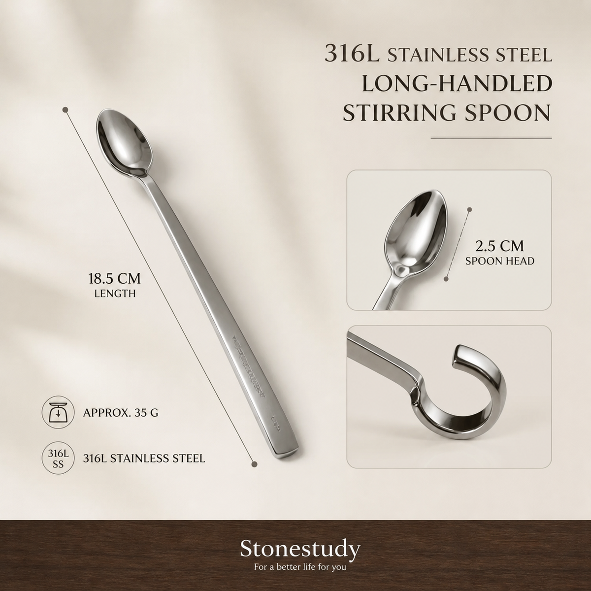 316L long-handled coffee stirring spoon detail