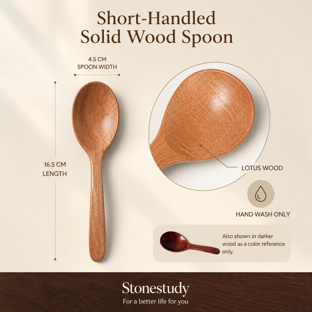 short-handle solid lotus wood spoon detail