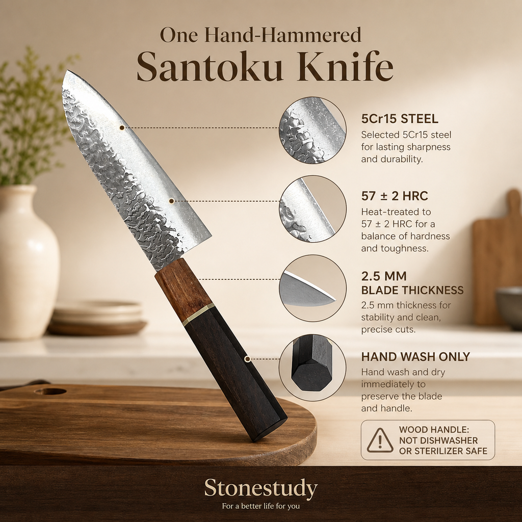 hand-hammered 5Cr15 santoku knife detail