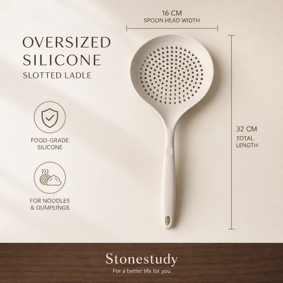 oversized food-grade silicone slotted ladle detail