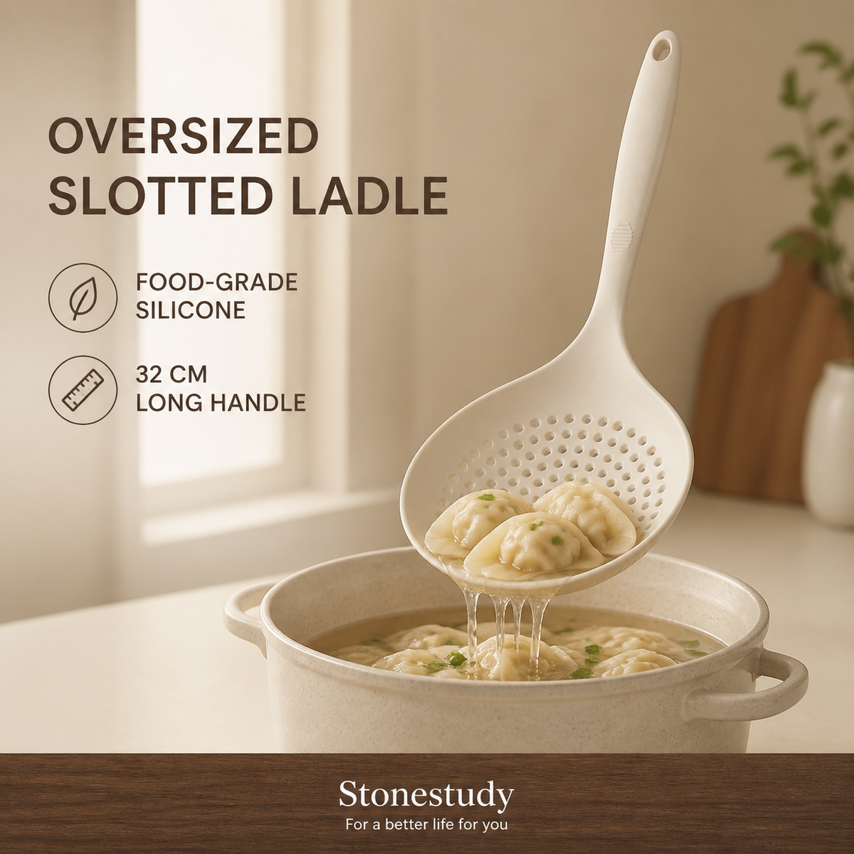 oversized food-grade silicone slotted ladle hero